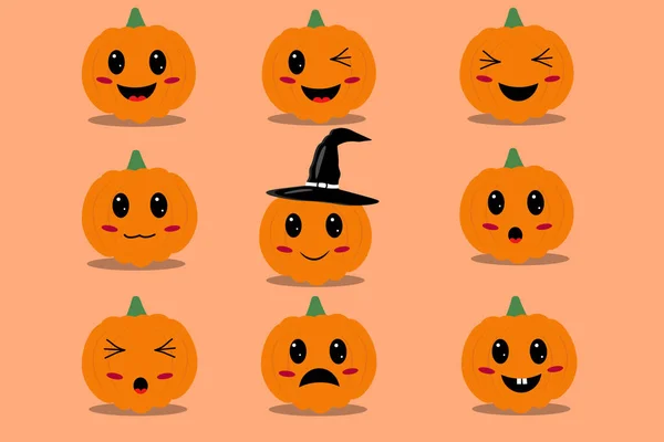 Illustration Olika Halloween Pumnpkin Emoji Beige Bakgrund Glad Ledsen Förvånad — Stock vektor