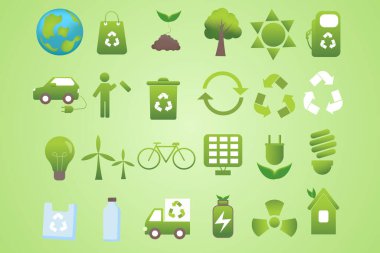 Plastik yok, yeşil yok, sıfır atık kavramı. Yeniden kullanım, çöp, geri dönüşüm, ekolojik yaşam tarzı. Dünya 'yı küresel ısınmadan koruyan bir grup çevre ikonu. Vektör illüstrasyonu