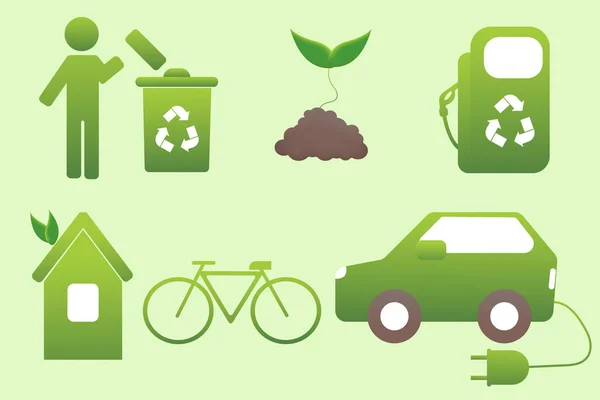 Soubor Ilustrací Udržitelného Rozvoje Snížení Plýtvání Potravinami Recyklace Plastových Lahví — Stockový vektor