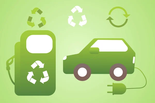 Zestaw Ikon Recyklingu Czystej Energii Pobliżu Stacji Benzynowej Stoi Samochód — Wektor stockowy