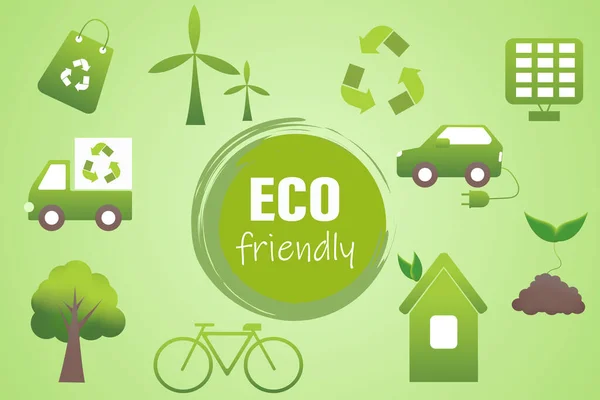 Ikony Symbolizující Recyklaci Ekologickou Spotřebu Ekologické Obnovitelné Zdroje Energie Plochá — Stockový vektor