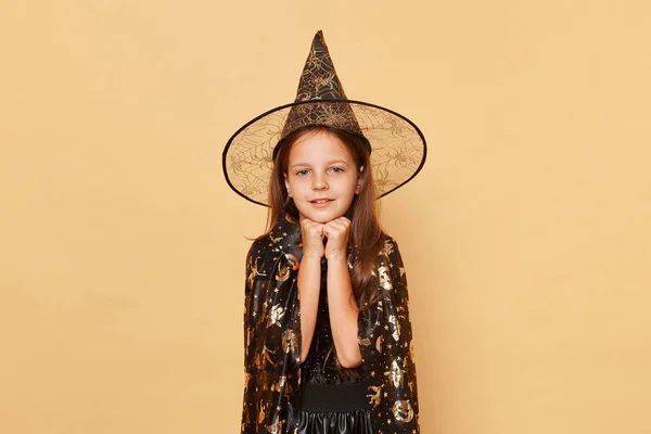 Affascinante Bella Ragazza Bambina Che Indossa Strega Cappello Nero Costume — Foto Stock