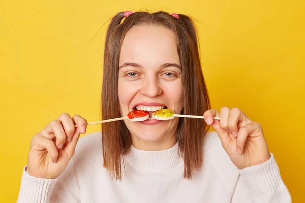 Crazy Hungry Funky Teenage Girl Ponytails Jumper Posing Isolated Yellow — Stock Photo, Image
