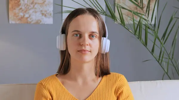 Calm Attractive Woman Wearing Yellow Shirt Headphones Listening Music Audio — Stock Photo, Image