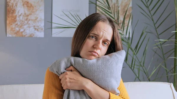 Sad Unhappy Worried Bored Woman Sitting Home Alone Embracing Pillow — Stock Photo, Image