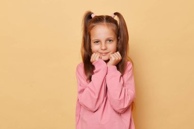 Güzel, sevimli, sırıtan, at kuyruklu pembe kazaklı, bej arka planda yalnız poz veren kız ellerini çenesinin altında tutuyor ve olumlu duygular ifade ediyor..