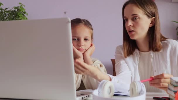 Charming Little Girl Pigtails Sitting Front Laptop Her Mother Help — Stock Video