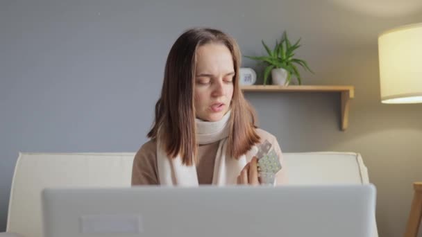 Sick Woman Having Video Call Doctor Showing Pills Having Online — Stock Video