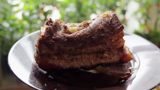 ブリスケットフラット 中程度珍しい オーガニックレストラン ブリスケット ステーキを閉じる ビーフバーベキュー ミールスライス プレート上のロースト肉のクローズアップビュー — ストック動画