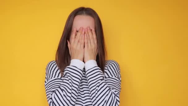 Sad Unhappy Sad Woman Wearing Striped Casual Shirt Posing Isolated — Stock Video