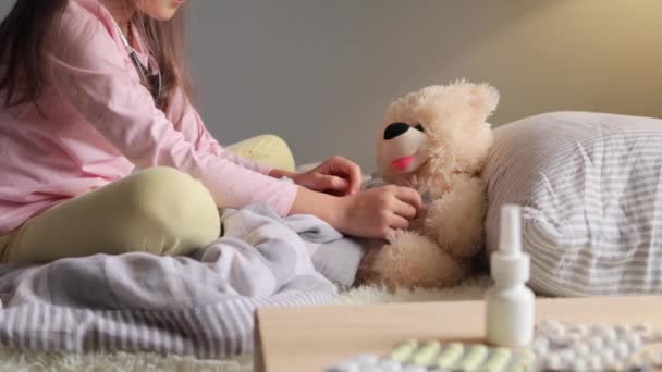 Hospital Care Recovery Little Girl Examining Plush Toy Stethoscope She — Stock Video