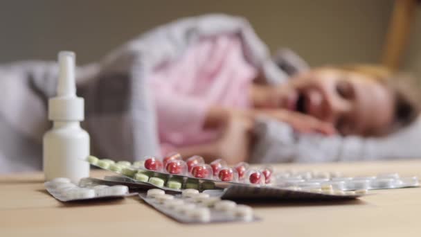 Cold Flu Treatment Influenza Treatment Pills Nasal Spray Lying Bedside — Stock Video