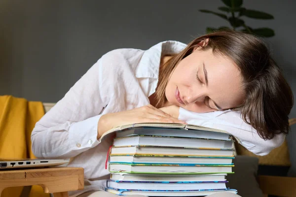 Young Woman Student Many Books Feeling Fatigue Long Hours Studying — Stock Photo, Image