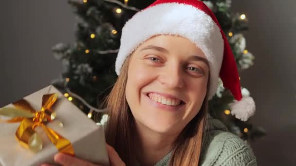 在装饰过的房间里 戴着圣诞礼品盒 戴着圣诞礼帽 心情愉快的年轻女子 背对着镜头笑着 — 图库视频影像