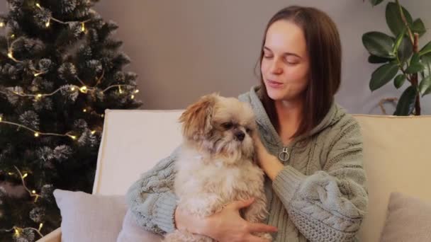 圣诞佳节期间 白种人女人和宠物狗坐在沙发上 在沙发上悠闲自在地享受着平安夜的快乐 — 图库视频影像