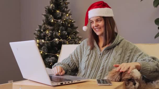 Attractive Woman Wearing Knitted Shirt Santa Claus Hat Using Laptop — Stock Video