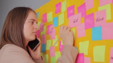 Fikir ya da görev üzerine odaklanmış iş kadını sarı duvara yapışkan notlar yapıştırıyor ve önemli bilgileri unutmak için smratphone yazıları ile konuşuyor.