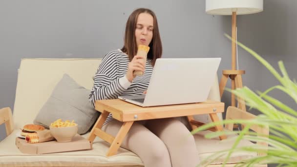 忙碌的女性自由职业者在家里坐在舒适的沙发上 一边工作一边用笔记本电脑订购外卖快餐 一边吃热狗 — 图库视频影像