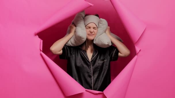 Sad Unhappy Tired Woman Pajamas Blindfold Covering Ears Pillow Breaking — Stock Video