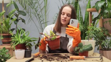 Kendine güvenen kadın bahçıvan blogcu botanik merkezindeki iş yerinde akıllı telefon kullanıyor. Yaşayan düşmanı, takipçilerine ölen ev bitkisinin bakımını anlatıyor.