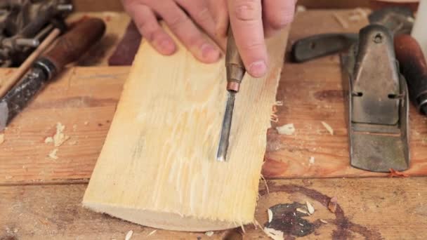 手工制作的木匠精湛 工艺精湛的工作室 木材业的工匠在工作 无法辨认的主木匠用凿子雕刻木板制作木制品 — 图库视频影像