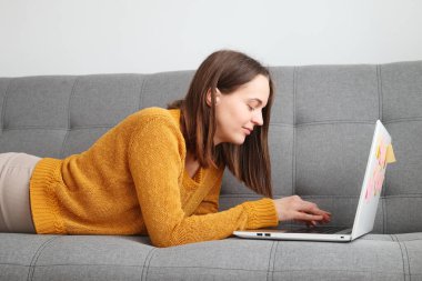 Freelancer 'ın teknoloji meraklısı çalışma alanı. Uzaktan kumanda, dizüstü bilgisayar kurulumu. Profesyonel ev-çalışma alanı. Kahverengi saçlı kadın evdeki kanepede yatarken dizüstü bilgisayar kullanıyor.