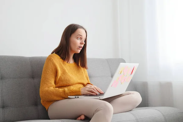 Computer work in-house. Internet technology for work. Shocked surprised Caucasian woman using laptop sitting on sofa at home looking at notebook display with big eyes