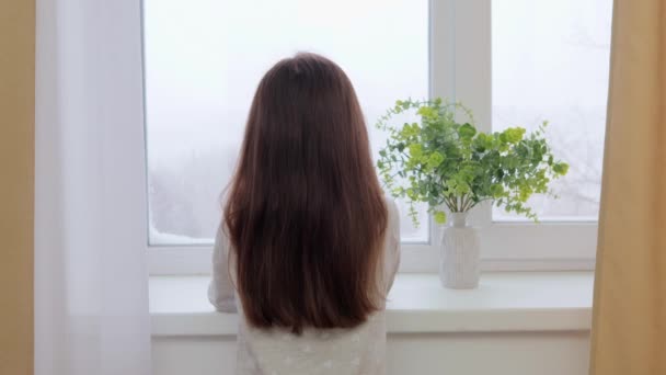 寒い冬の日の自然を見ながら家の窓を見つめている小さな茶色の毛髪の少女のバックビュー — ストック動画