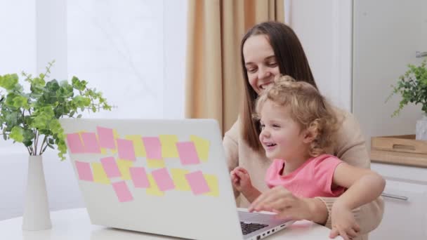 Smiling Brown Haired Woman Freelancer Sitting Front Laptop Her Infant — Stock Video