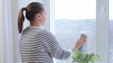 Oda temizliği. Ev rutini. Evde toz beziyle pencereyi temizleyen genç bir kadın. Beyaz pencerenin yanında temizlik ekipmanı olan genç bir kadın çizgili gömlek ve halı giyiyor.