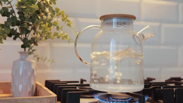 Vattenkokare Uppvärmd Gasspis Doft Kokande Fylld Köket Förväntan För Varm — Stockvideo