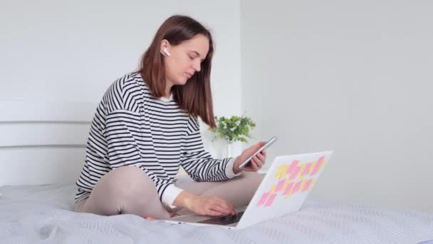 Serious Female Freelancer Wearing Striped Shirt Working Remotely Her Home — Stock Video