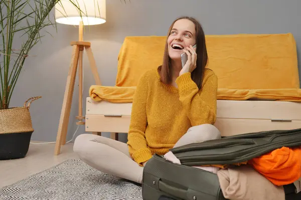 Cheerful Smiling Caucasian Young Adult Woman Packing Suitcase Home Sitting — Stock Photo, Image