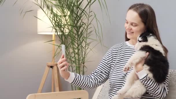 迷人的棕色头发女人穿着条纹衬衫坐在沙发上 和她的新毛绒绒宠物自拍 拿着手机和她的宠物在家里拍照 — 图库视频影像