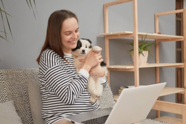 Çekici gülümseyen beyaz kadın, çizgili tişört giymiş yavru köpeğiyle koltukta oturuyor. Bilgisayarla çevrimiçi sohbet ediyor.