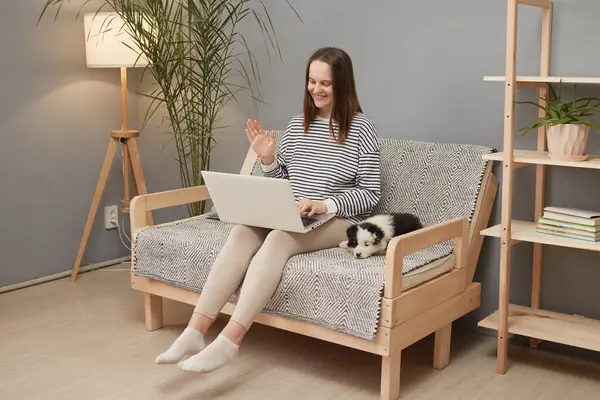 Arkadaşça gülümseyen, beyaz, çizgili gömlek giyen güzel bir kadın. Yavru köpeğiyle koltukta oturuyor. Bilgisayarla çevrimiçi sohbet ediyor.