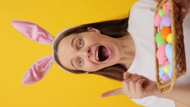 Vertical Video Excited Young Adult Woman Wearing Bunny Ears Headband — Stock Video