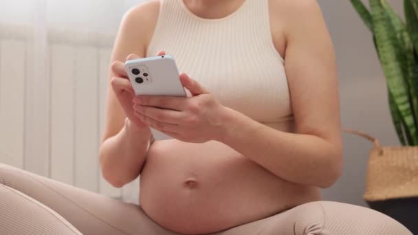 Mujer Embarazada Hermosa Irreconocible Sosteniendo Móvil Haciendo Compras Línea Mientras — Vídeos de Stock