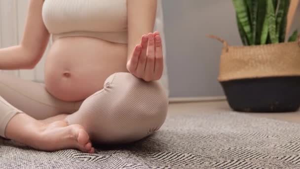 怀孕期间 怀孕妇女在家做瑜伽练习 照顾自己的健康和精神 这让人难以辨认 — 图库视频影像