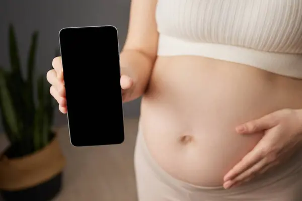 Modern Technologies Pregnancy Unrecognizable Pregnant Woman Showing Cellphone Empty Black — Stock Photo, Image