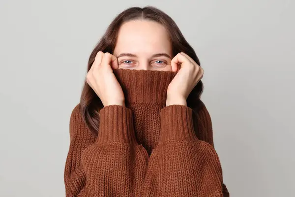 Shy Funny Brown Haired Woman Wearing Brown Jumper Standing Isolated — Stock Photo, Image