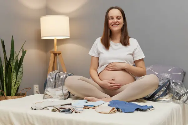 Packing Baby Newborn Kid Gear Preparation Cheerful Regnant Woman Preparing — Stock Photo, Image