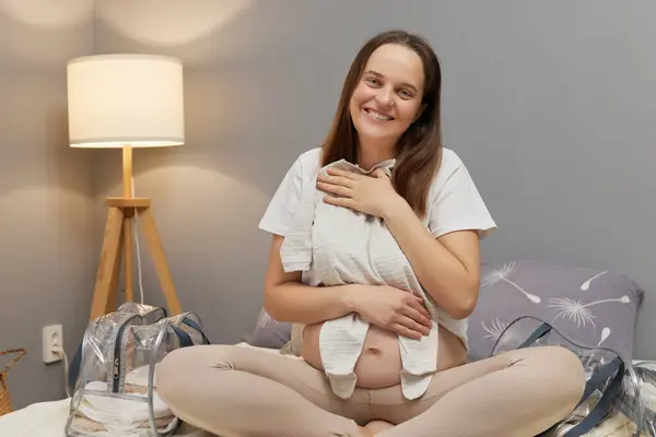 Adorable Regnant Woman Preparing Baby Clothes Maternity Hospital Embracing Little — Stock Photo, Image