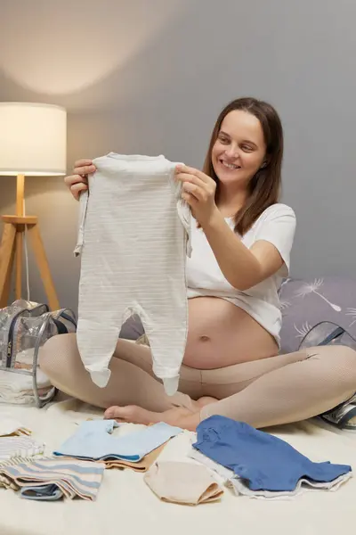 Delighted Cute Pregnant Woman Getting Ready Maternity Hospital Packing Baby — Stock Photo, Image