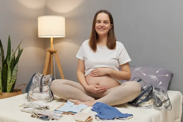 Pregnant Beautiful Happy Satisfied Woman Getting Ready Maternity Hospital Packing — Stock Photo, Image