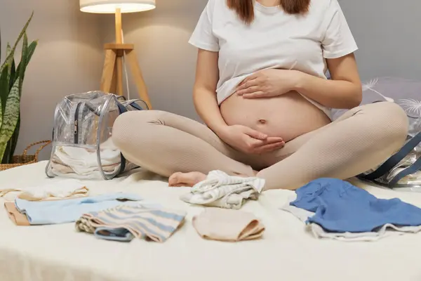 Unrecognizable Pregnant Beautiful Woman Getting Ready Maternity Hospital Packing Baby — Stock Photo, Image