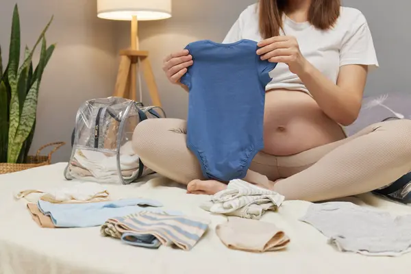 Unrecognizable Anonymous Pregnant Woman Getting Ready Maternity Hospital Packing Baby — Stock Photo, Image