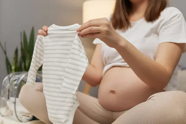 Unrecognizable Unknown Pregnant Woman Preparing Baby Clothes Maternity Hospital Home — Stock Photo, Image
