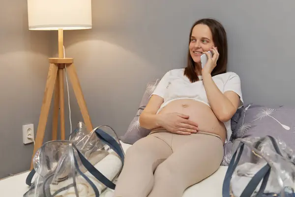 Pregnancy Motherhood Technology People Expectation Smiling Joyful Pregnant Woman Calling — Stock Photo, Image