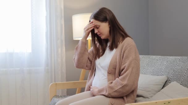 朝の病気と苦労して落ち込んだ妊娠中の女性は 彼女の腹のニーズに触れる頭痛に苦しんでいるソファに座っている間 頭の上に手を握ります — ストック動画